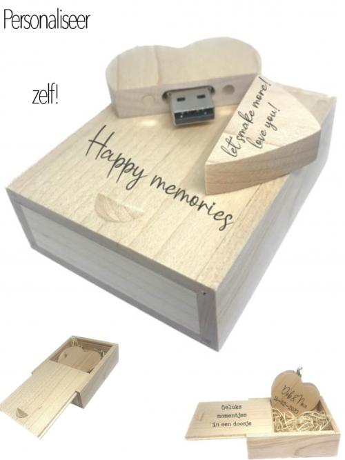Houten USB stick in doosje gepersonalieerd