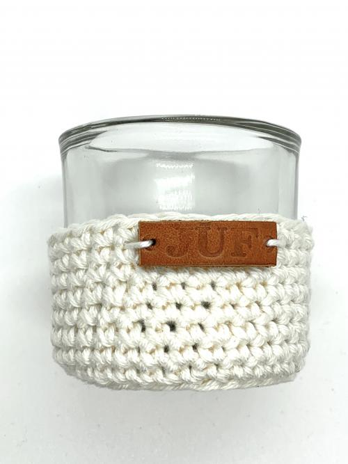 Juf/meester kado kaarsje met leren label "juf"