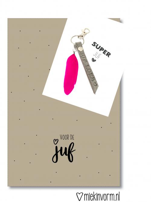 Juf/meester leren sleutelhanger+tasje+kaart