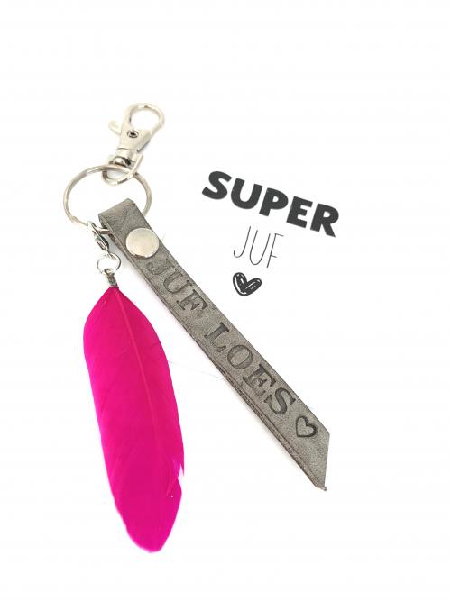 Juf/meester leren sleutelhanger+tasje+kaart